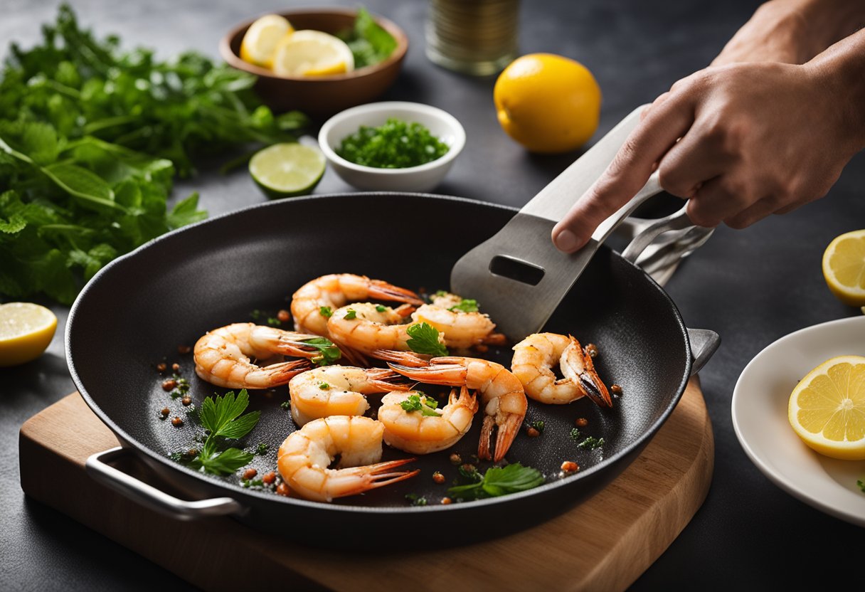 Prawns sizzling in a hot pan, being flipped with a spatula. A bowl of seasoning and herbs sits nearby