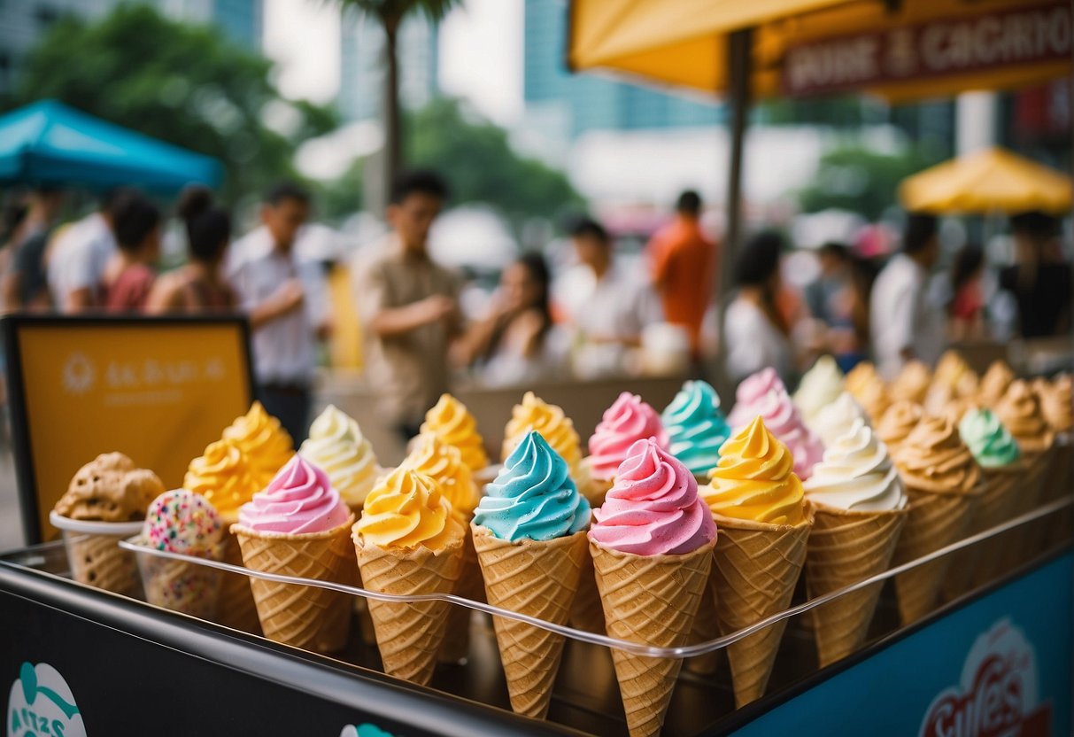Colorful ice cream cones and tubs on display, surrounded by promotional signs and banners. Customers eagerly sampling different flavors at a bustling event in Singapore