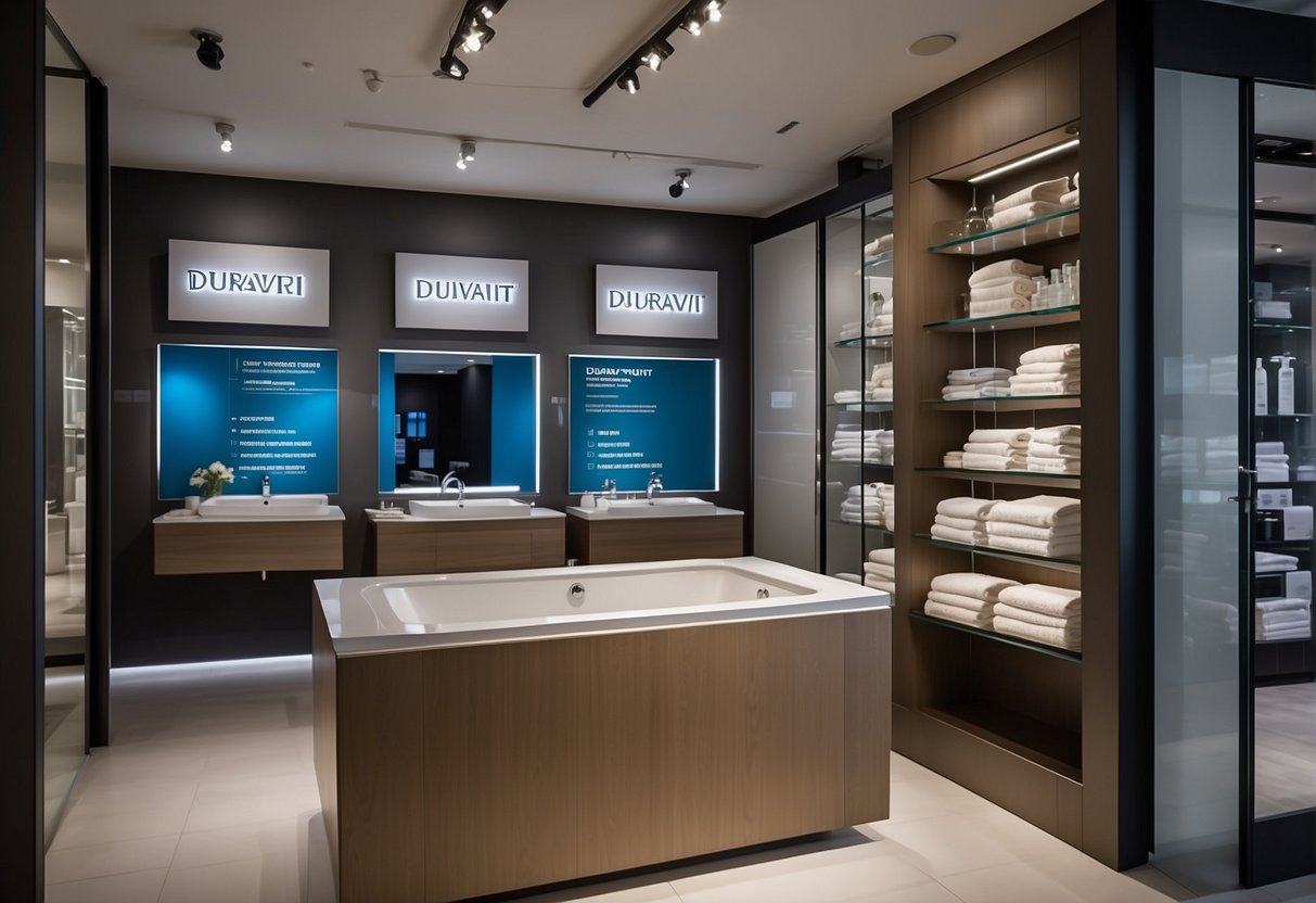 A colorful display of Duravit products with promotional signs in a bustling Singapore showroom