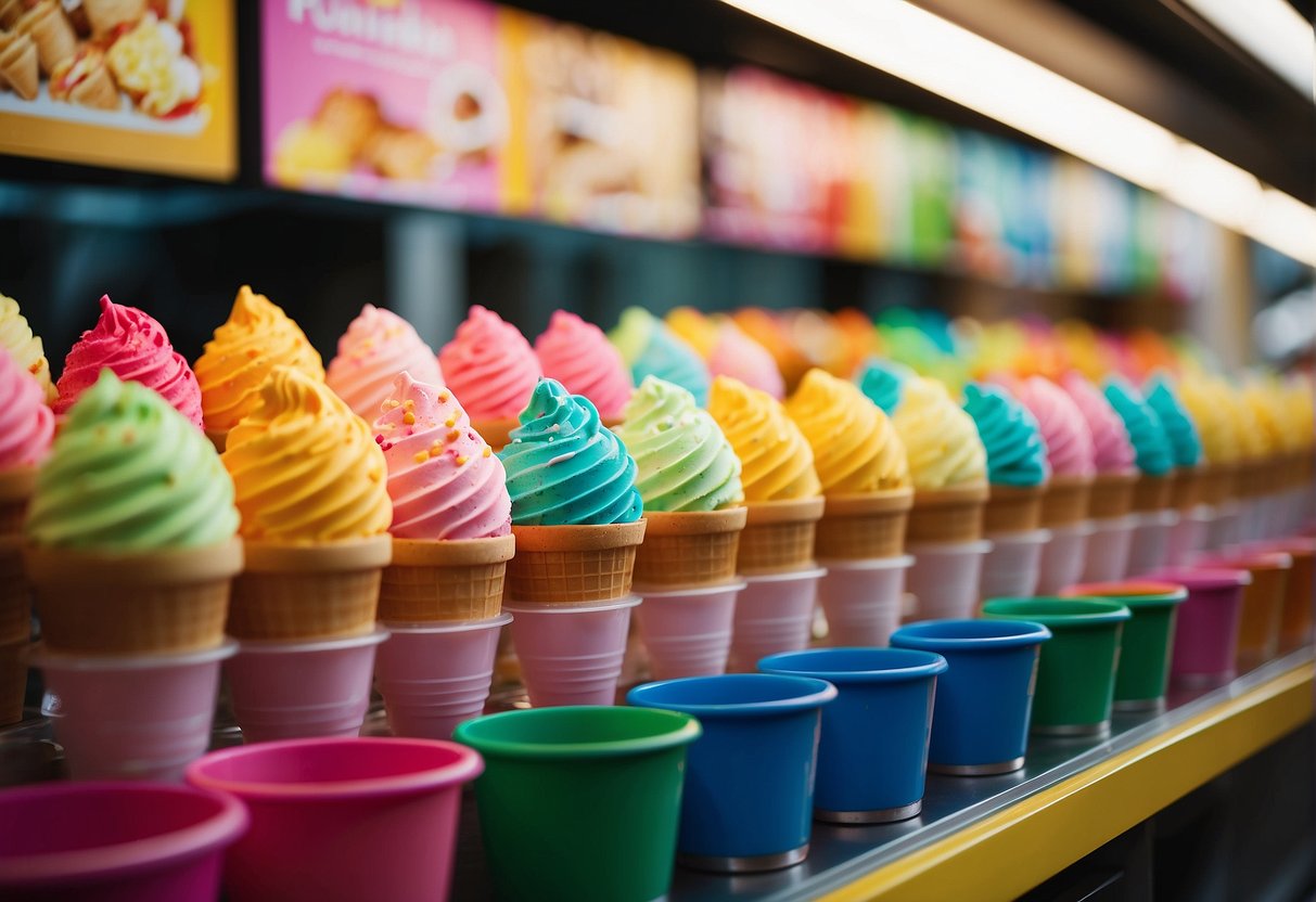 Brightly colored ice cream cones and tubs displayed on a vibrant promotional stand in a bustling Singapore market