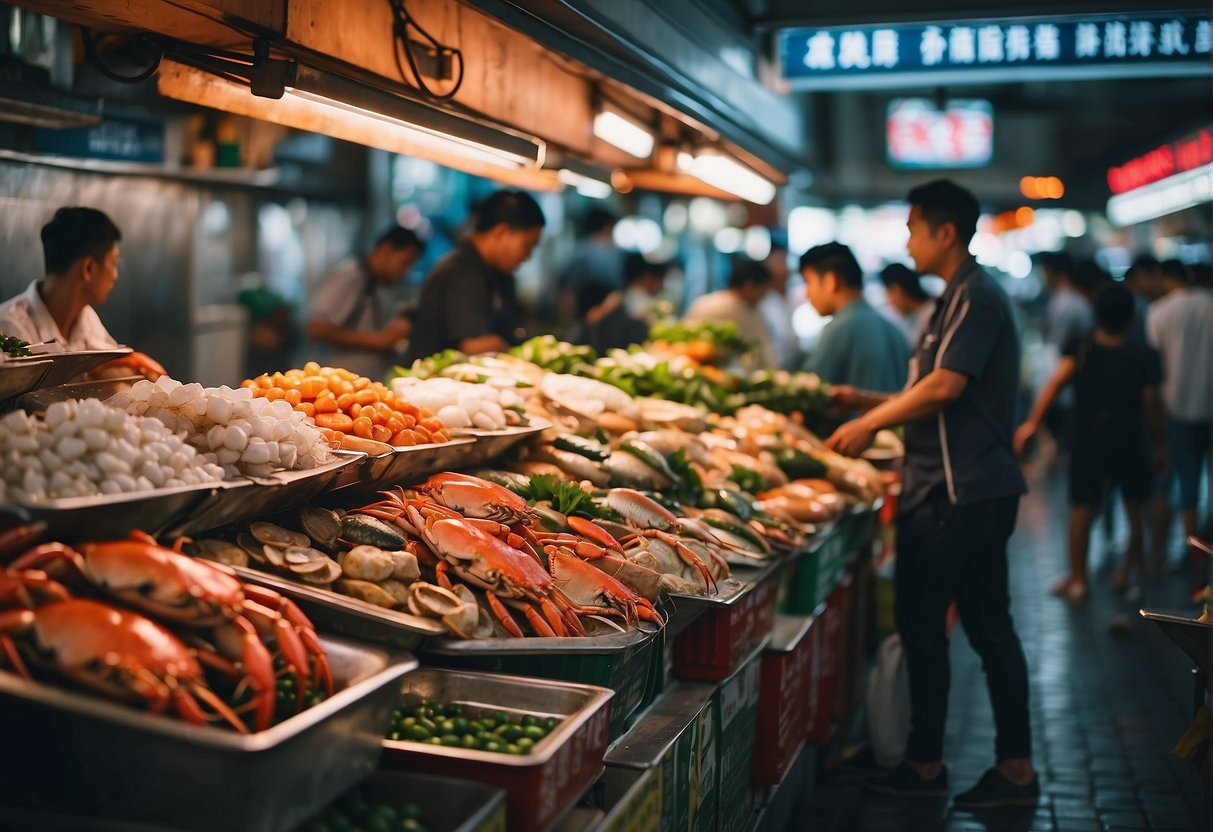 A bustling seafood market in Singapore, with colorful signs advertising the latest promotions on fresh crab and other ocean delicacies