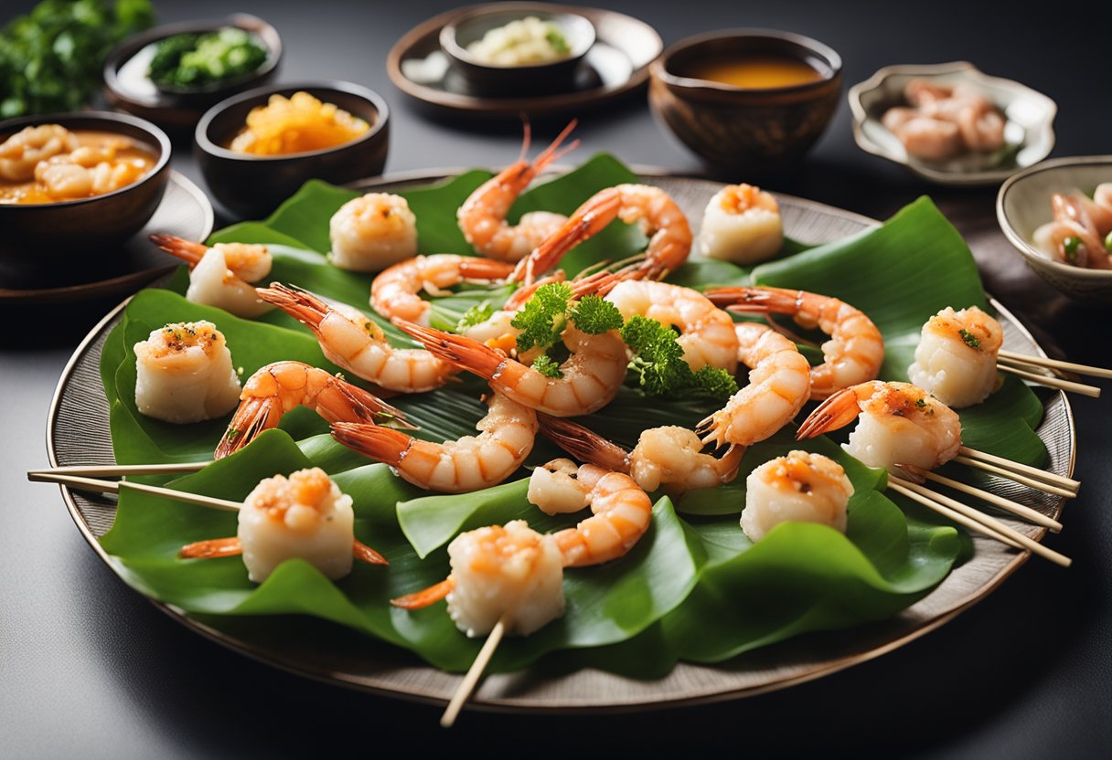 A table set with a variety of Chinese prawn dishes, including stir-fries, steamed prawns, and prawn dumplings, surrounded by chopsticks and decorative plates