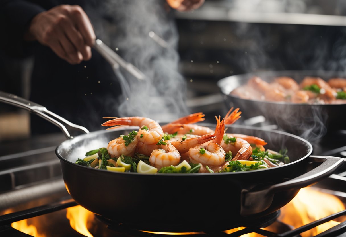 Prawns sizzling in a hot pan, steam rising. A chef's hand flipping them with tongs. A bowl of seasoning nearby