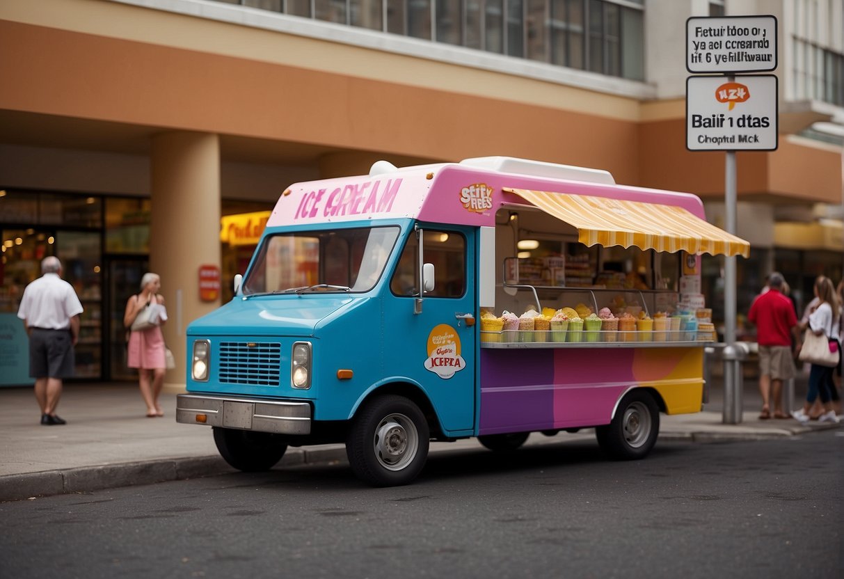A colorful ice cream truck parked outside a bustling supermarket, with a sign advertising "Buy 1 Get 1 Free" ice cream deals