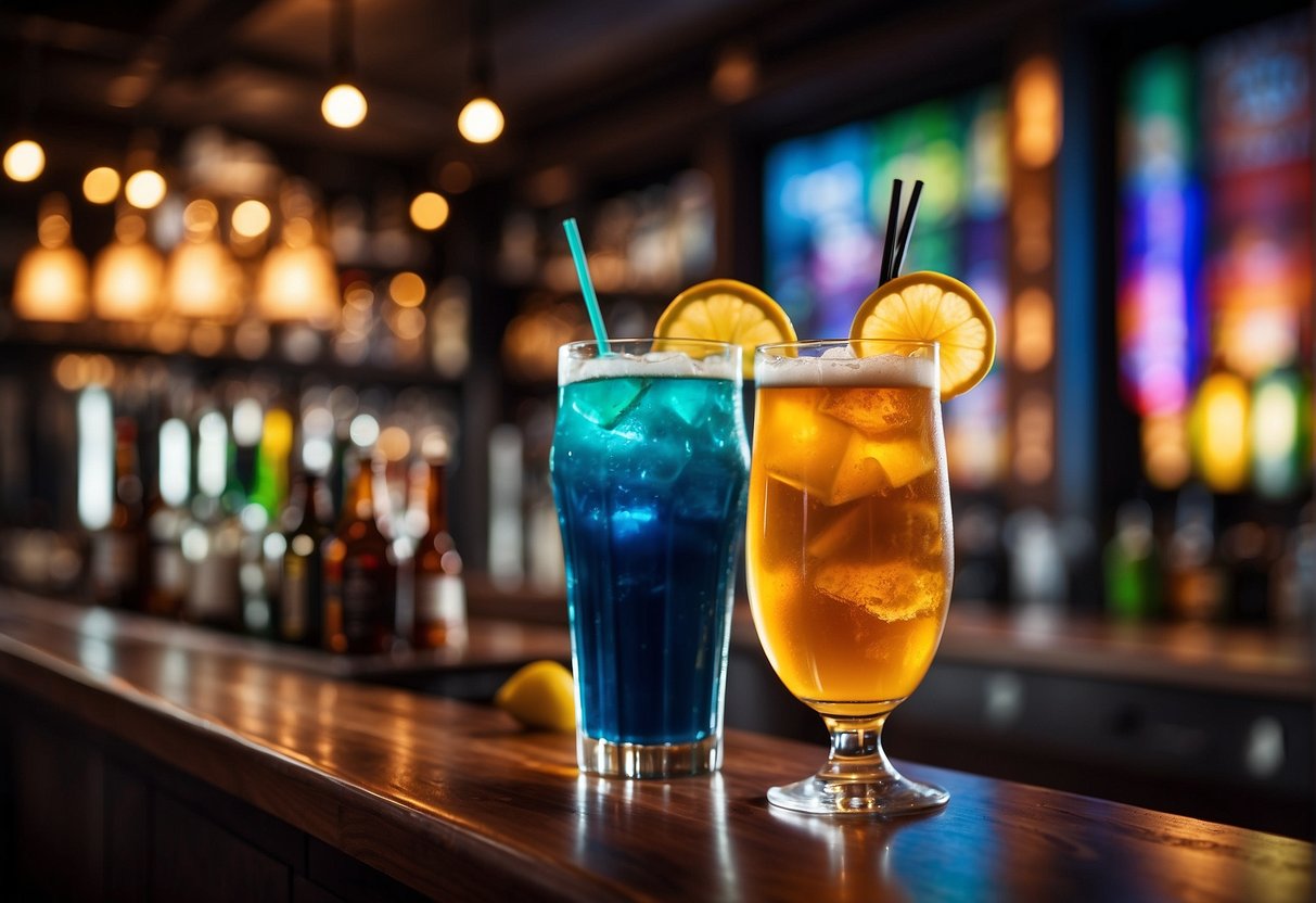 A bustling bar with colorful cocktails and beer promotions displayed. Global flags and festive decorations adorn the space, creating a lively atmosphere for celebrating spirits