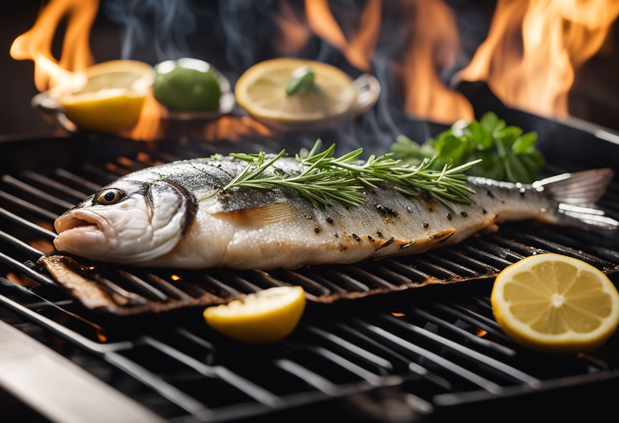A whole fish sizzling on a grill with charred edges, surrounded by aromatic herbs and spices. Steam rises from the fish as it cooks, emitting a mouthwatering aroma
