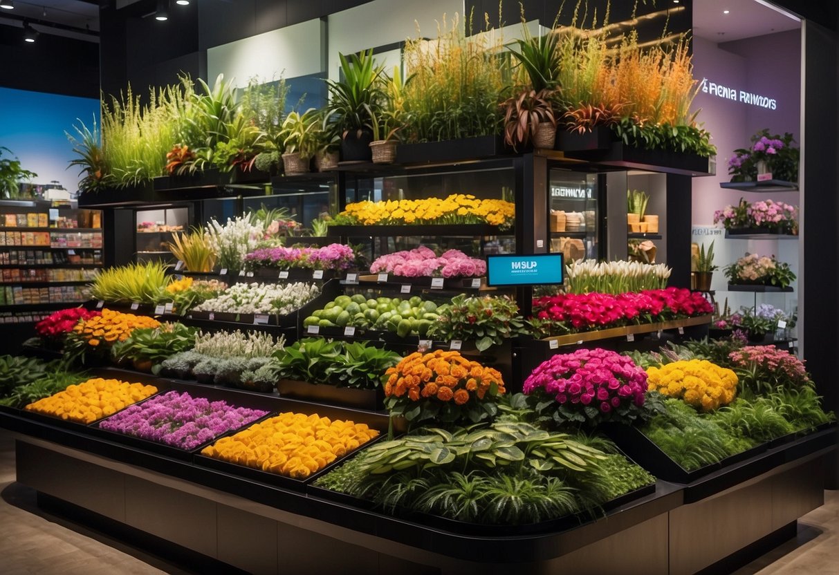 A colorful display of promotional materials for Far East Flora in Singapore, with vibrant signage and product showcases