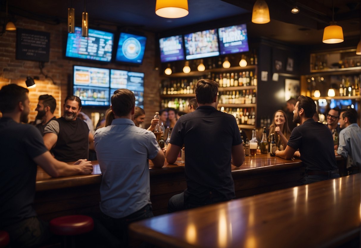 A crowded bar with colorful beer promotions displayed prominently. Customers chat and laugh, while staff serve drinks
