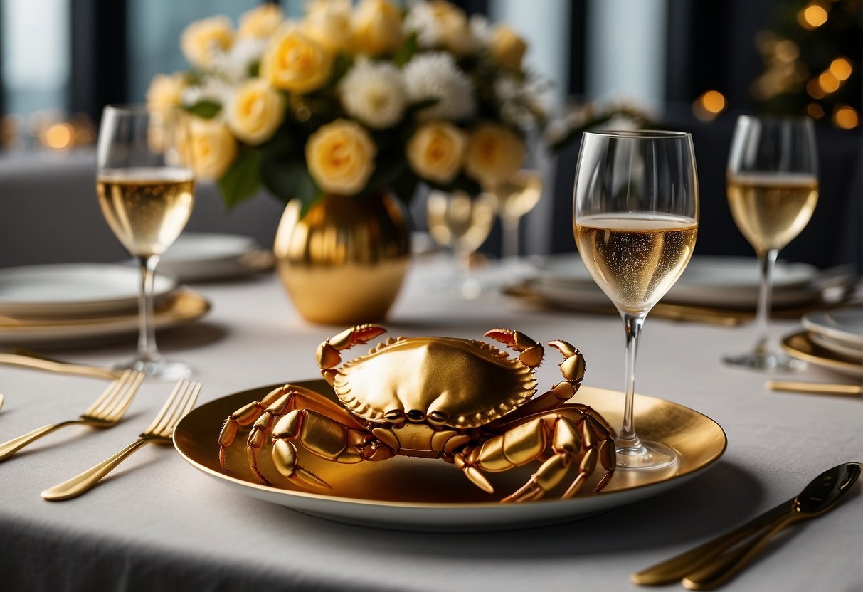 A luxurious dining setting with a golden crab centerpiece, elegant tableware, and a banner promoting exclusive member promotions