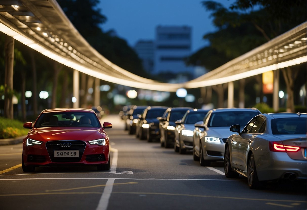 Cars lining up at Parkway parking lot, signs promoting discounts in Singapore. Bright lights, bustling atmosphere