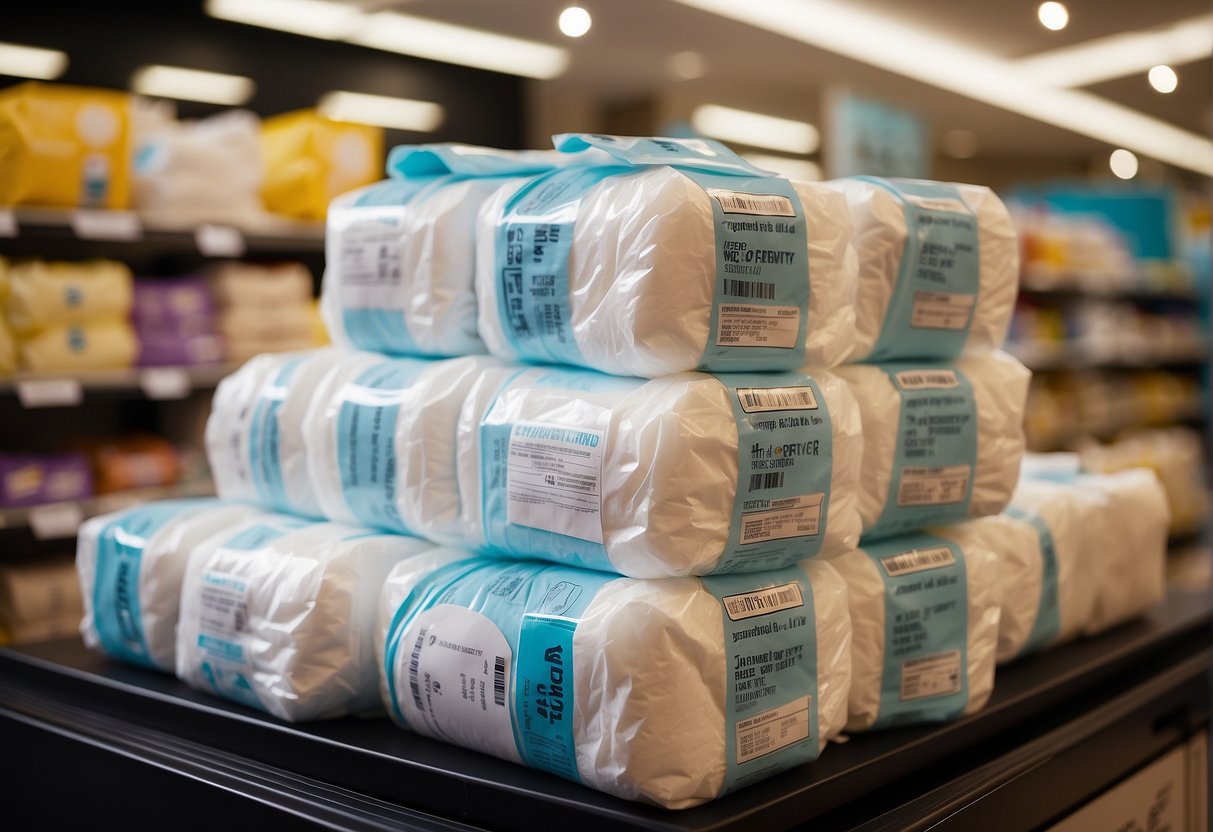 A stack of diapers with "Frequently Asked Questions" label, surrounded by promotional signage, set in a Singaporean retail store