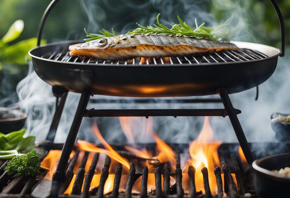 A sizzling fish grilling on an open flame, surrounded by aromatic spices and herbs, with smoke rising into the air