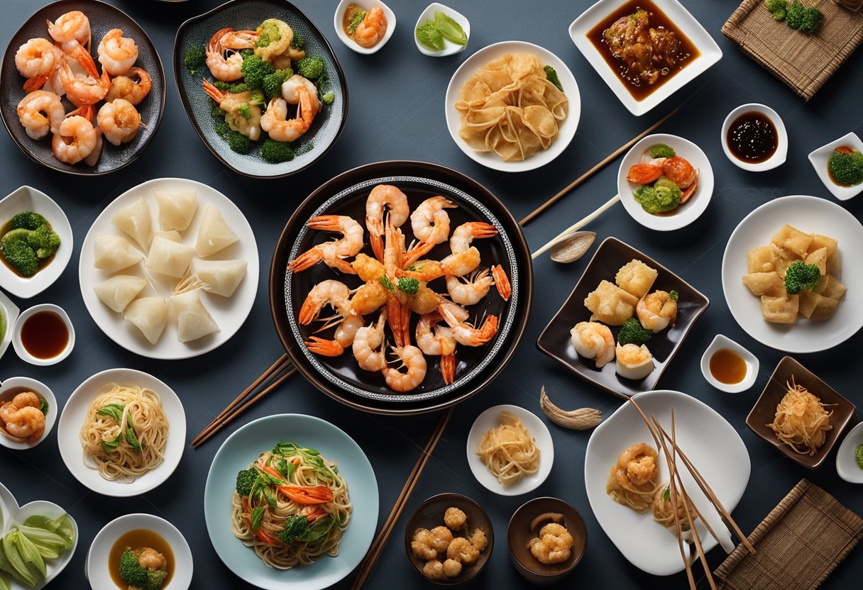 A table set with various traditional Chinese prawn dishes, including stir-fried prawns, prawn dumplings, and prawn wontons, surrounded by chopsticks and decorative serving dishes