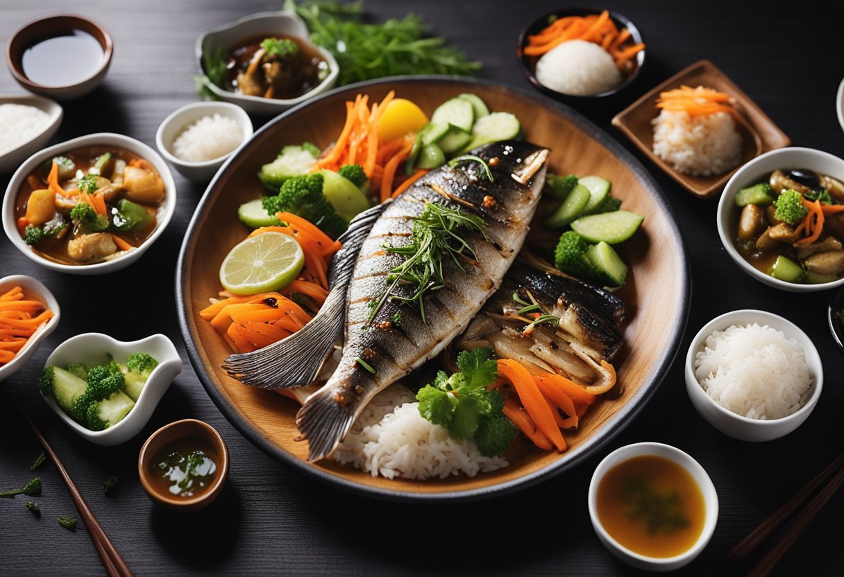 A table set with sizzling Chinese grilled fish, surrounded by colorful plates of pickled vegetables and steaming rice bowls