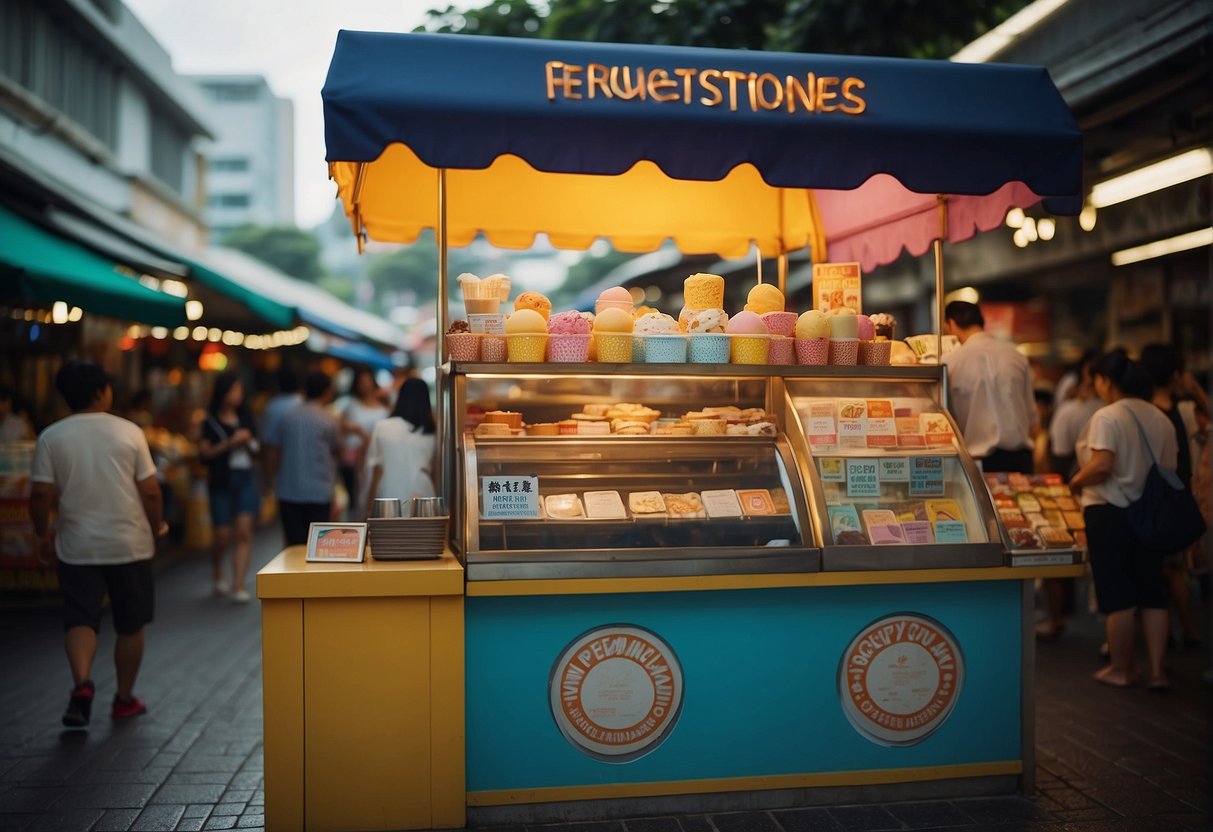 A colorful ice cream stand with a "Frequently Asked Questions" sign and promotional materials in a bustling Singapore market