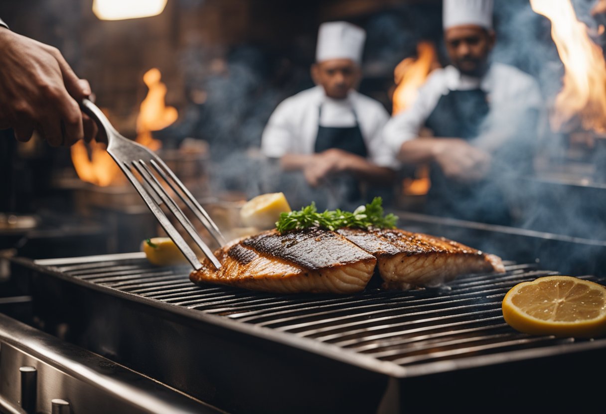 A sizzling hot grill with a whole fish being expertly seasoned and cooked by a chef. Steam rises as the fish is basted with a flavorful sauce, creating a mouthwatering aroma