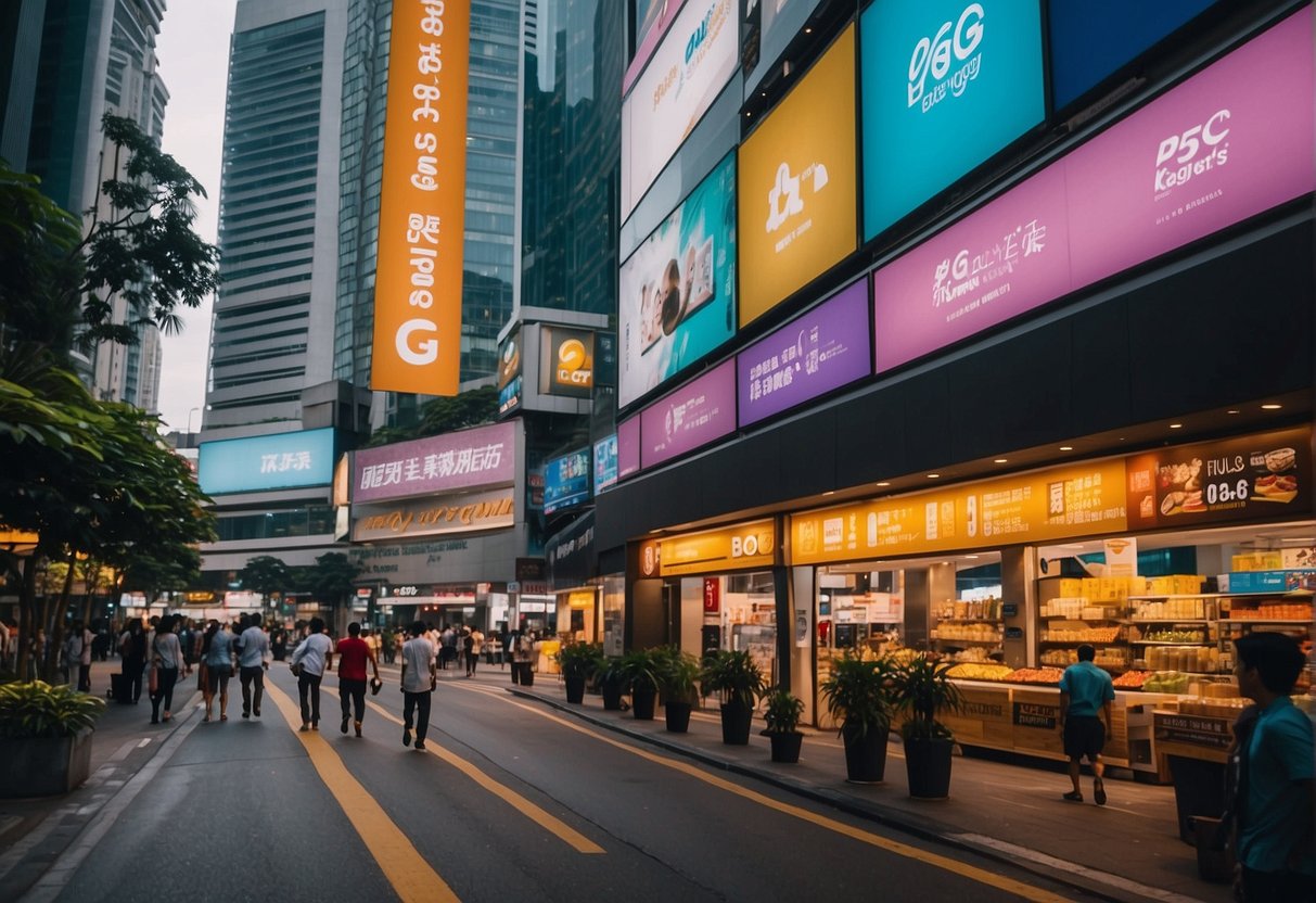 A bustling city street in Singapore, with colorful P&G promotions displayed in shop windows and on billboards