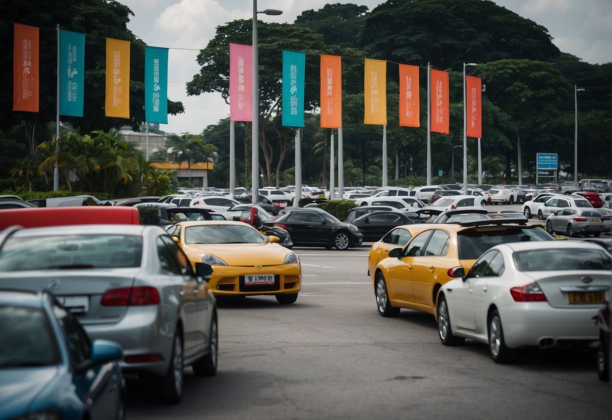 Cars lined up in a spacious, well-lit parking lot with colorful promotional banners and signs advertising "Spectacular Savings" in Singapore Parkway
