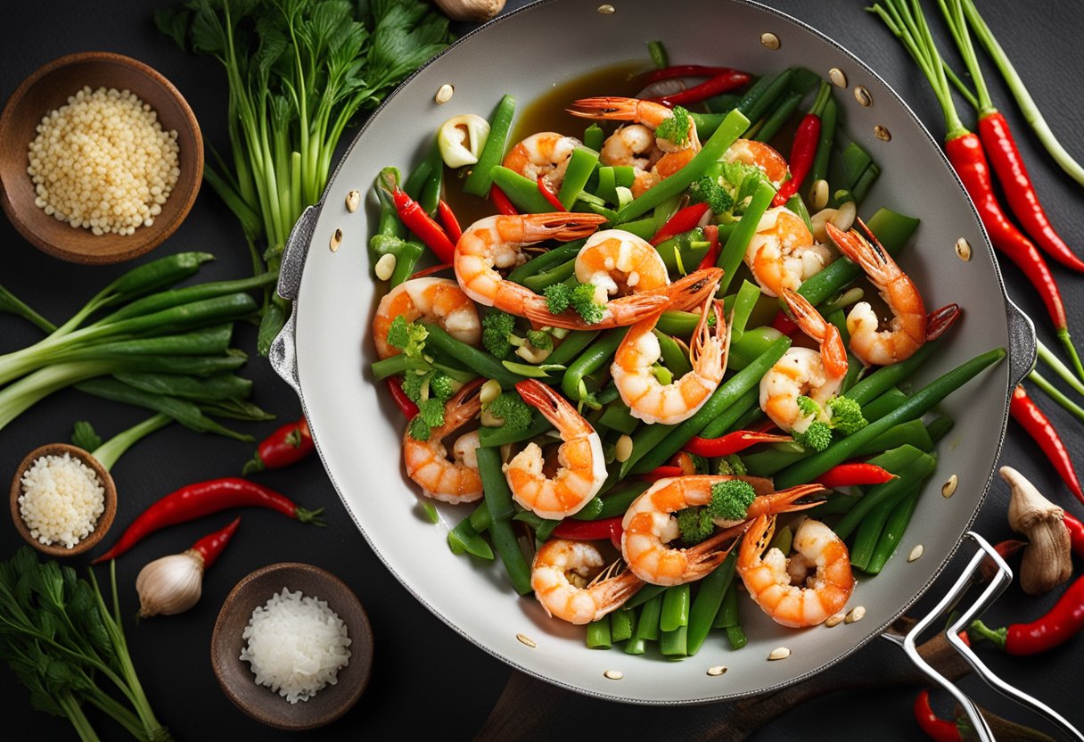 Prawns being stir-fried in a wok with garlic, ginger, and soy sauce. Green onions and red chili peppers are being added for garnish