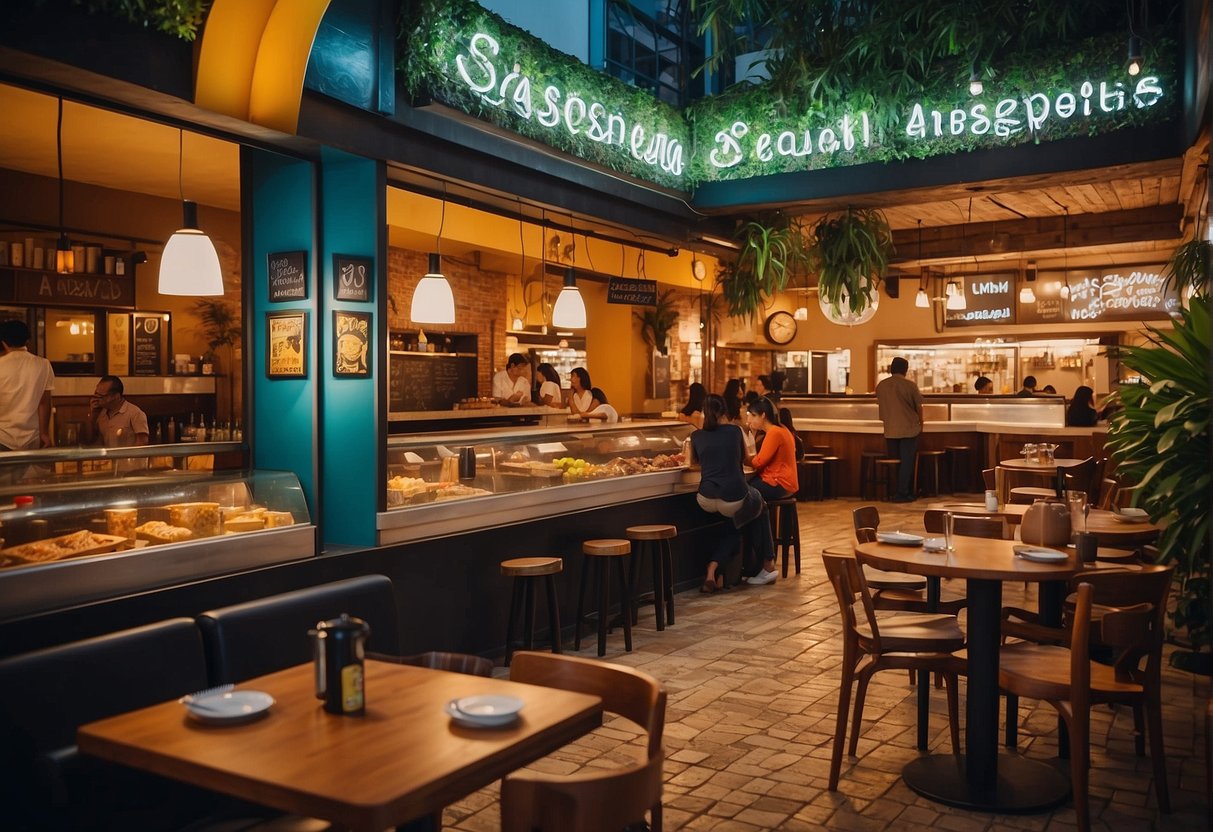 A bustling Spanish eatery in Singapore showcases its current promotions with vibrant signage and enticing displays of featured dishes