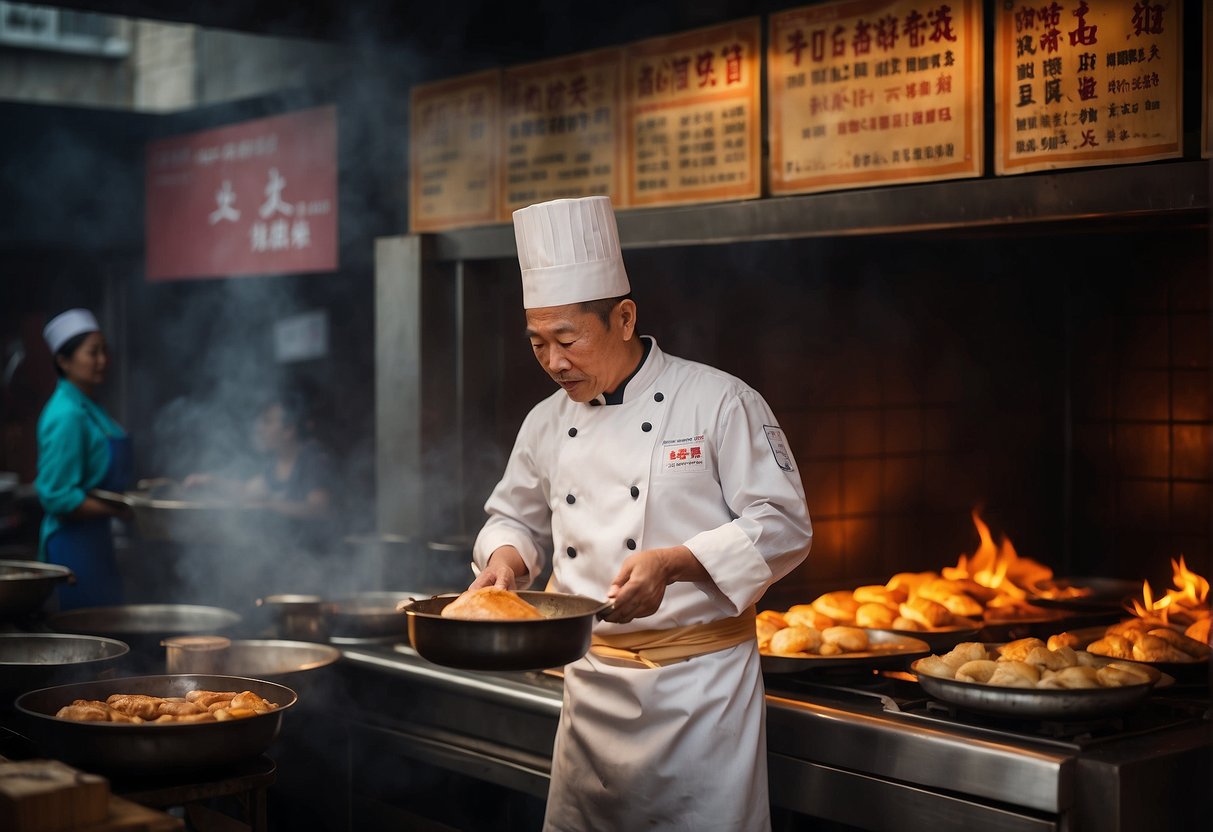 A chef skillfully roasts a whole Peking duck in a traditional oven, while a banner advertises promotions in Singapore