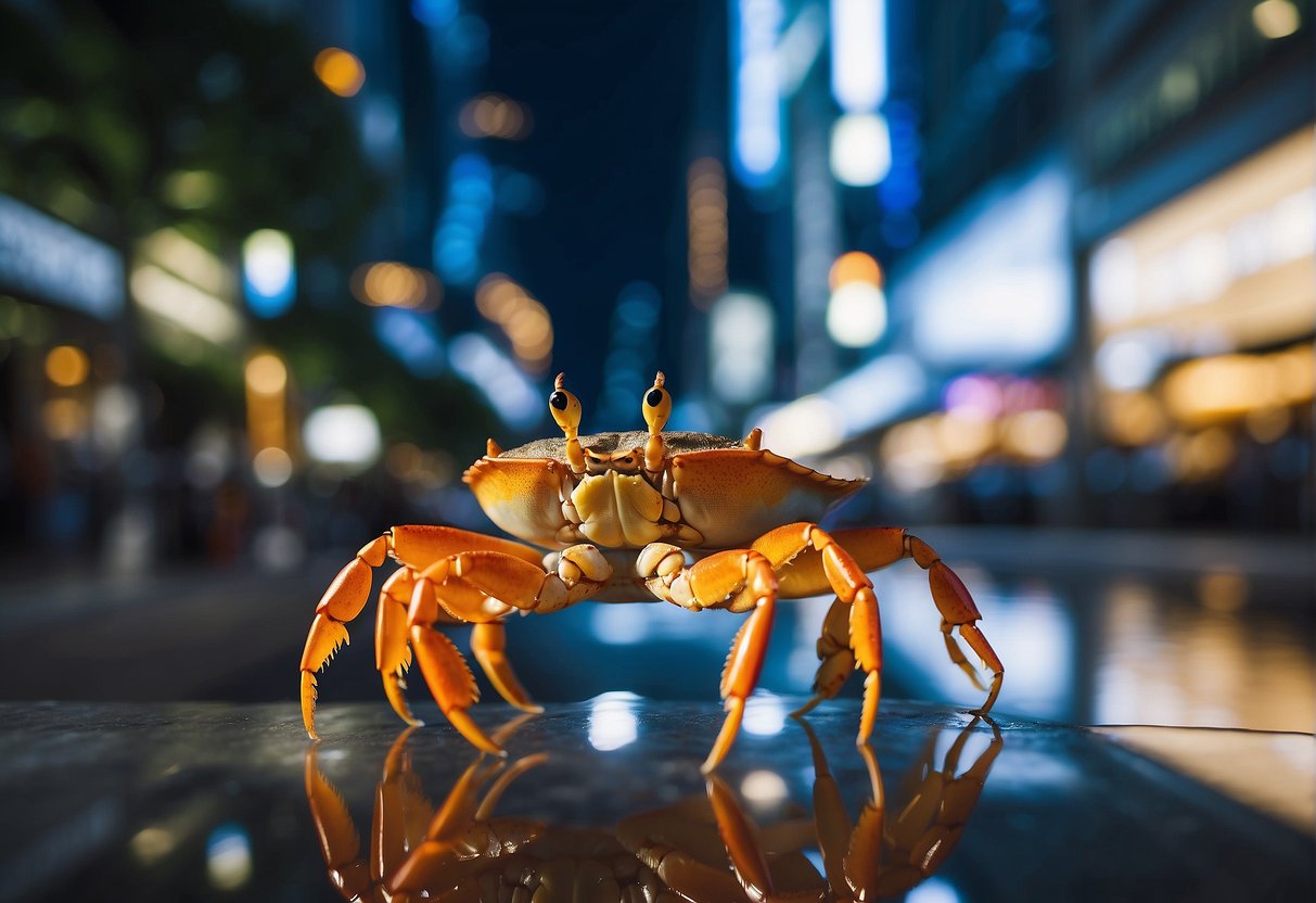 A crab with a halo surrounded by promotional signs in Singapore