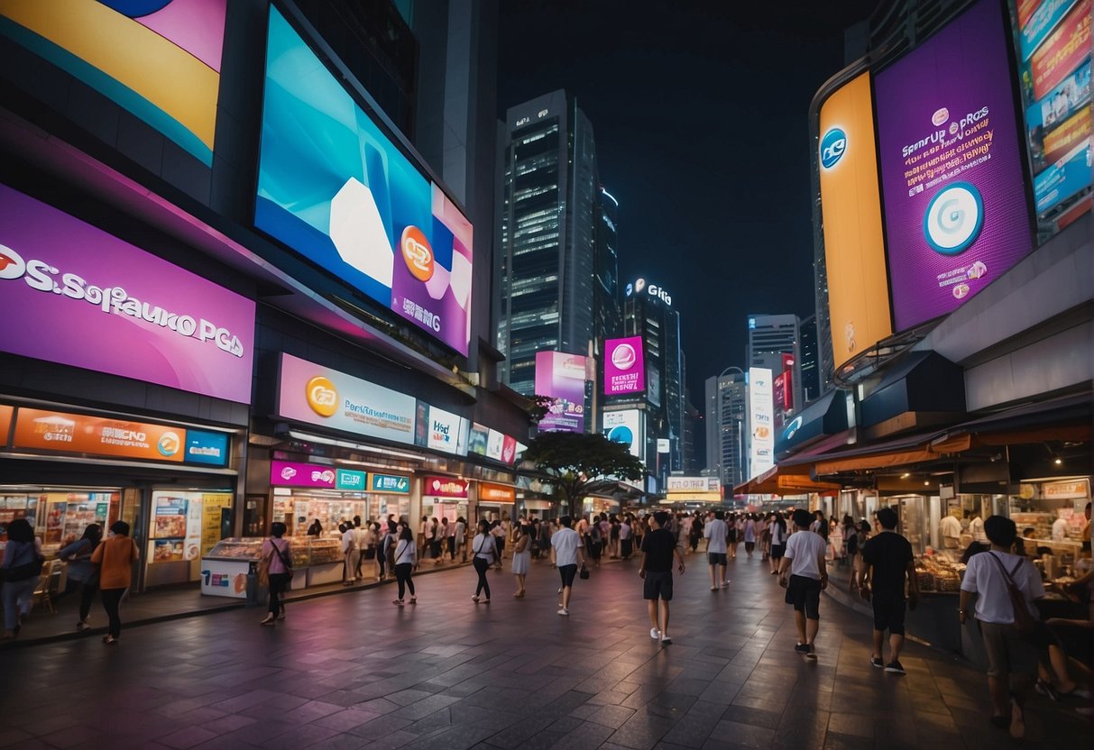 A bustling Singapore street with colorful P&G promotions displayed on billboards, storefronts, and digital screens, capturing the attention of passersby