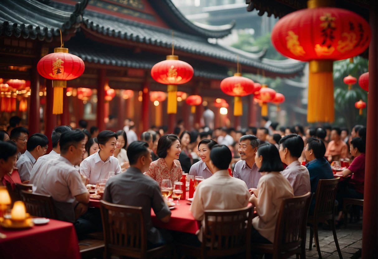 A sizzling Peking duck dish surrounded by vibrant red lanterns and traditional Chinese decorations, with a crowd of eager diners enjoying the exciting promotion at a bustling restaurant in Singapore
