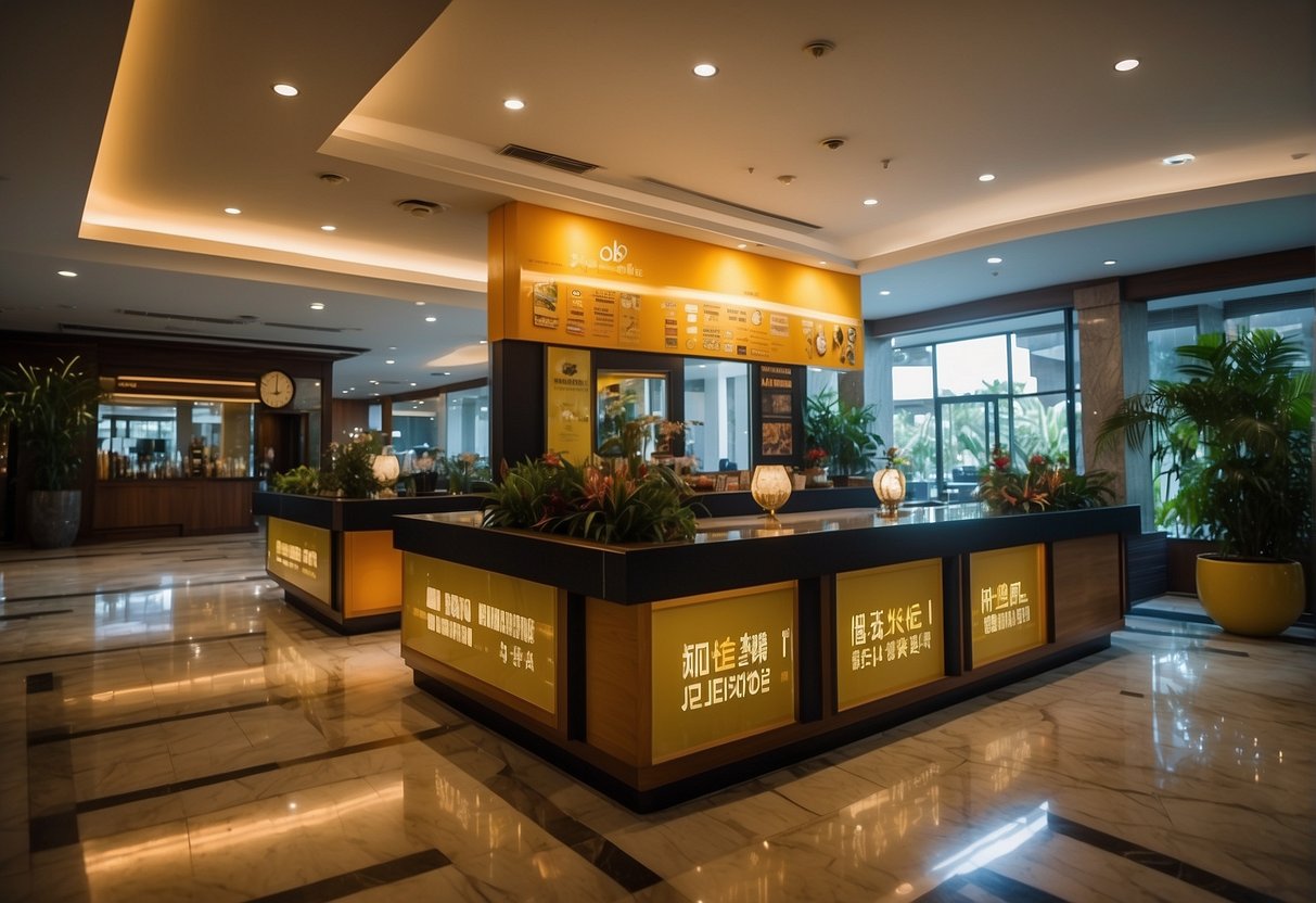 A vibrant hotel lobby in Penang, with promotional banners and signs from Singapore, showcasing exclusive deals and discounts