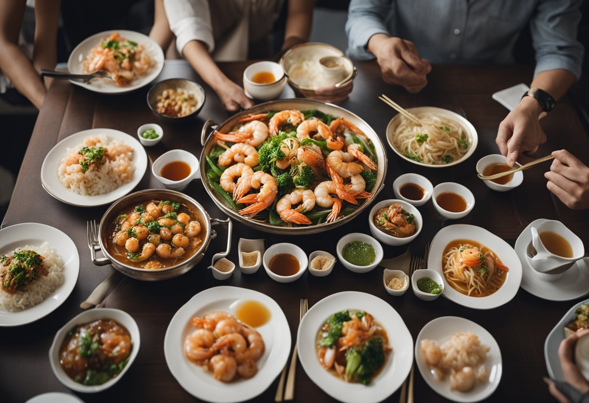 A table with various Chinese prawn dishes, surrounded by curious diners