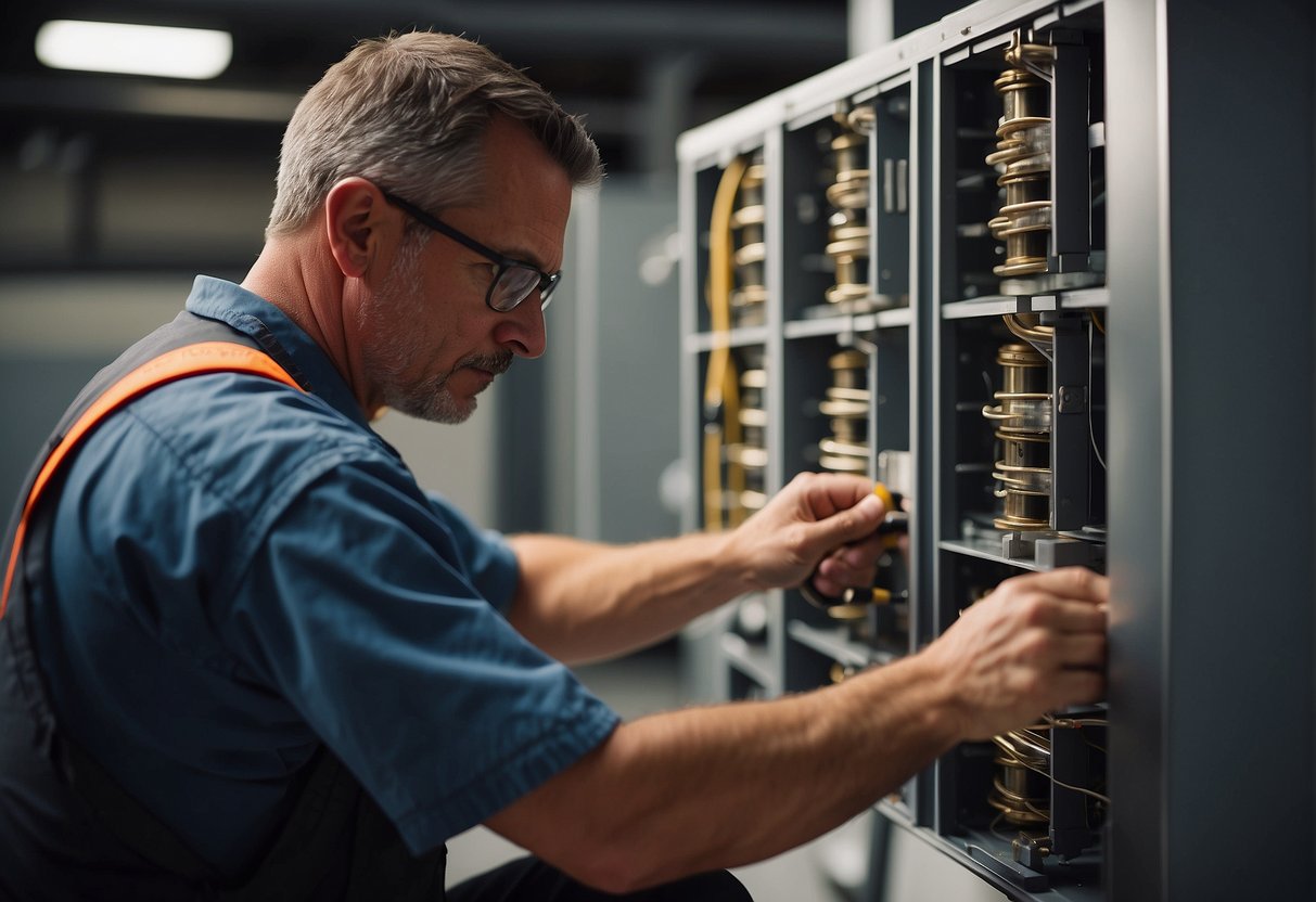 An HVAC technician measures a building's dimensions and inspects its insulation to determine the appropriate size HVAC system for optimal energy efficiency