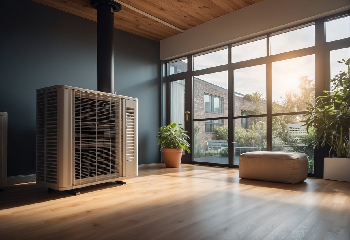 A house with a properly sized HVAC system, labeled with energy efficiency ratings, surrounded by energy-saving features like insulation and sealed windows