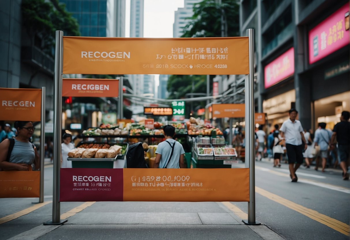 A bustling city street with colorful banners and promotional displays for Recogen in Singapore