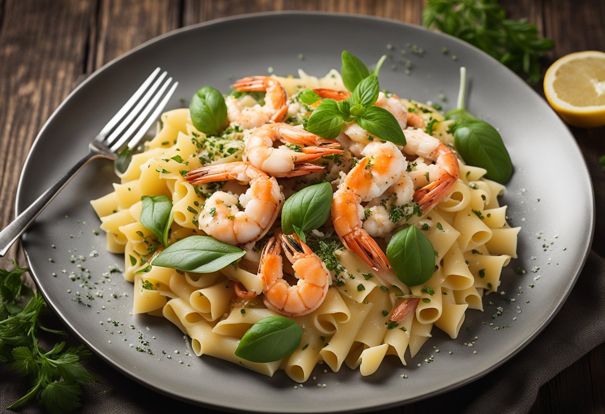 A steaming plate of crab and prawn pasta, adorned with fresh herbs and a sprinkle of parmesan, sits on a rustic wooden table