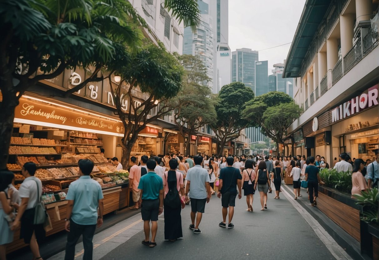 A bustling street in Singapore, with a prominent Paris Miki store front, adorned with colorful promotions and surrounded by eager shoppers