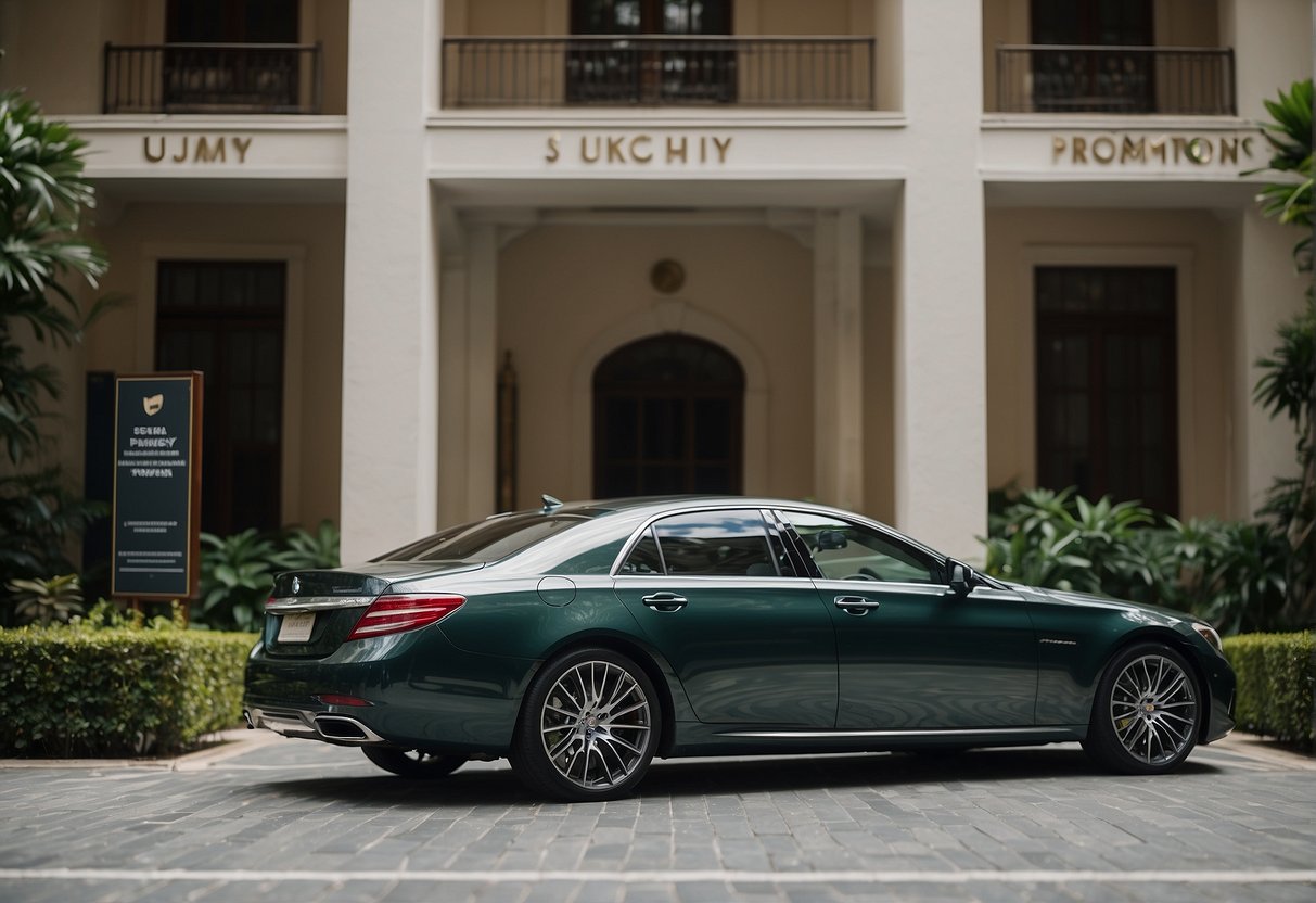 A luxury car is parked in a reserved spot at an upscale property, with a sign displaying "Exclusive Property Perks parkway parking promotions singapore" prominently displayed