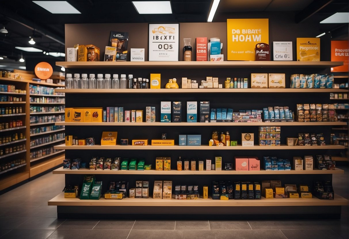 Shelves filled with exclusive products, signs promoting special offers, and a busy store atmosphere