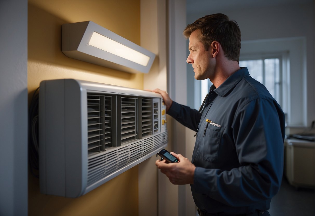 A technician measures the dimensions of a room, calculates heat load, and selects the appropriate HVAC system for energy efficiency