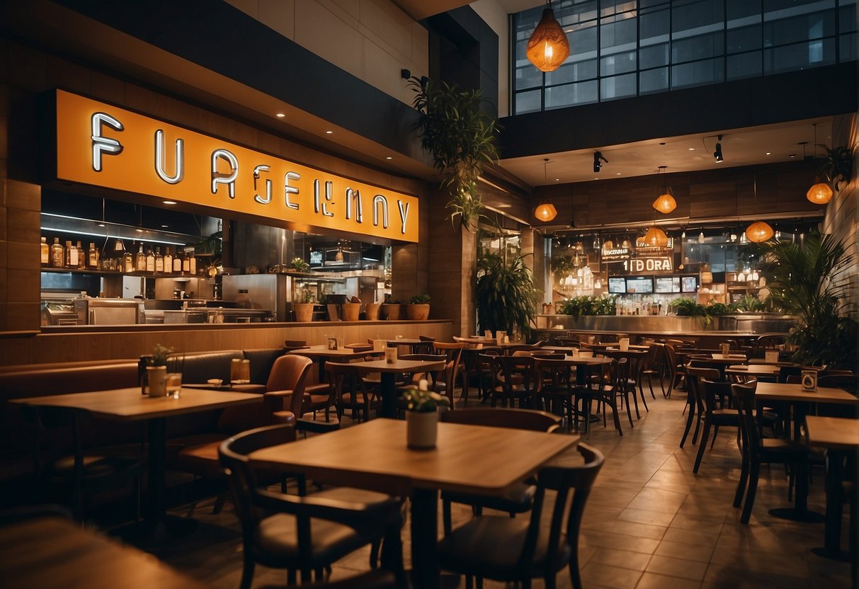A bustling restaurant with a prominent "Frequently Asked Questions" sign and Pura Brasa promotions displayed in Singapore