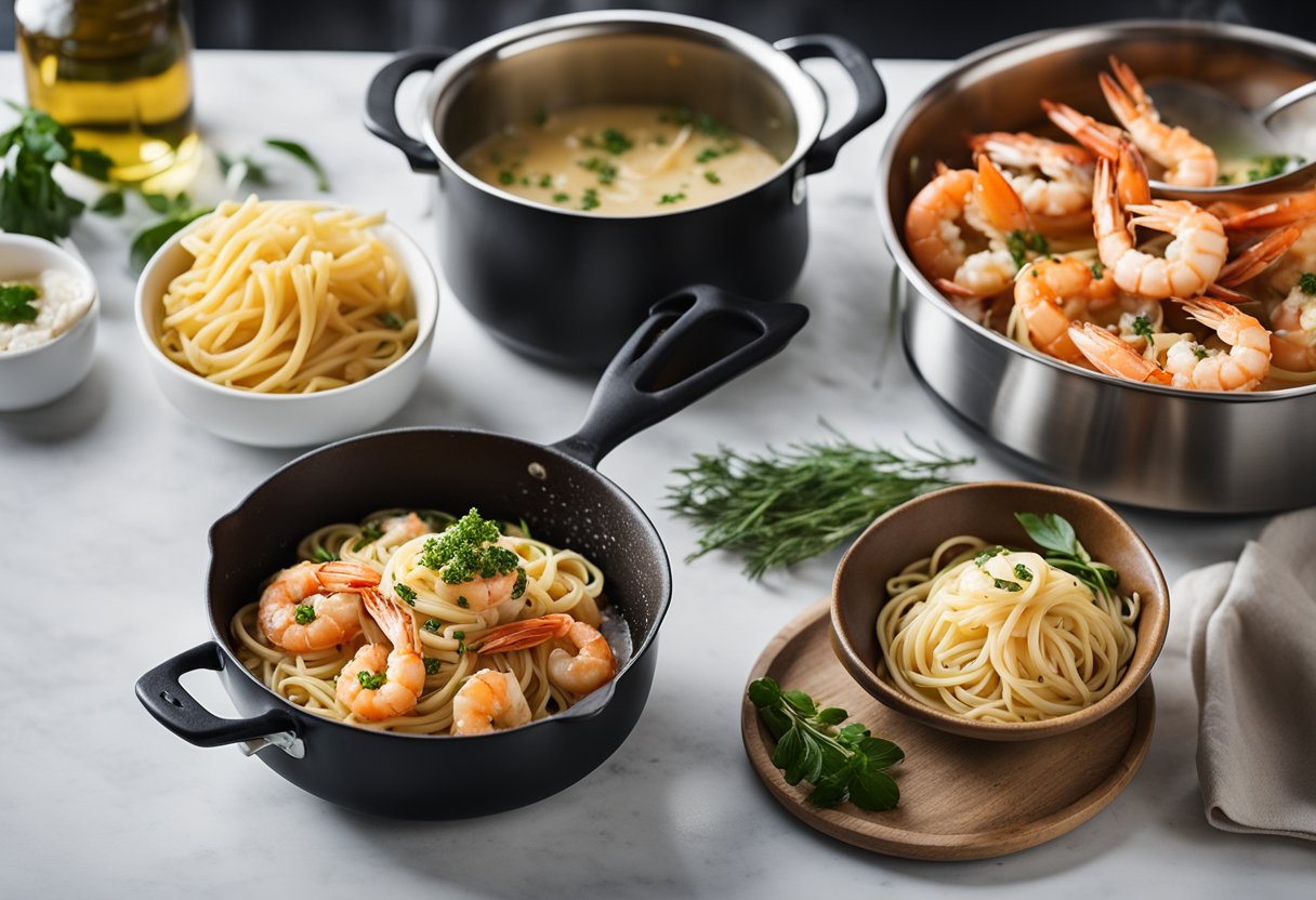 A pot of boiling water with pasta, a pan with sautéed crab and prawns, a bowl of chopped herbs, and a jar of creamy sauce on a kitchen counter