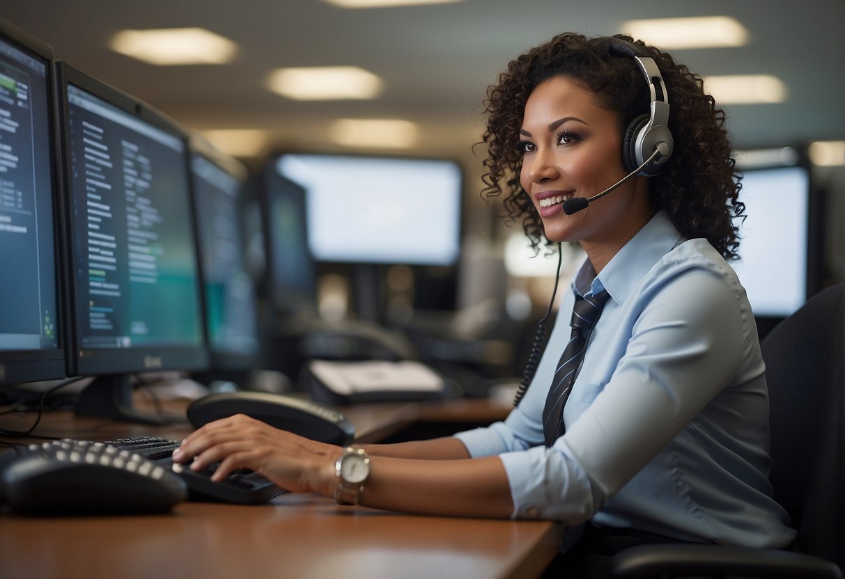 A customer service representative answering questions at a desk with a computer and promotional materials in the background