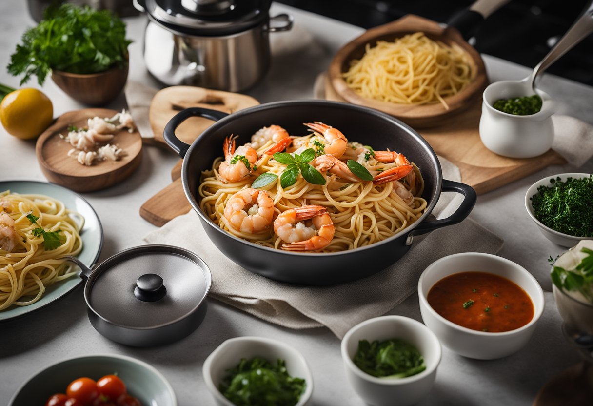 A pot of boiling water with pasta, a pan with sautéed crab and prawns, a bowl of chopped herbs and garlic, and a jar of tomato sauce on a kitchen counter