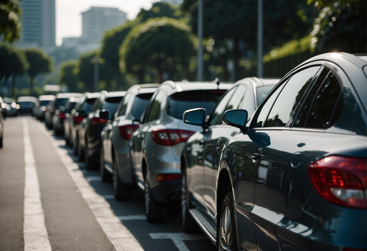 Cars lined up at a parkway parking lot in Singapore, with signs promoting frequent parking promotions