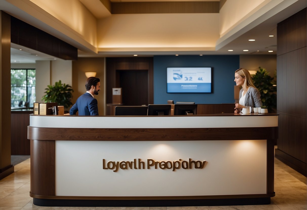 A hotel reception desk with a sign promoting loyalty programs and packages. A customer service representative assists a guest with information