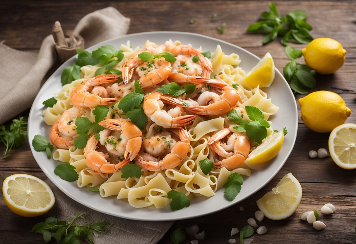 A steaming plate of crab and prawn pasta sits on a rustic wooden table, surrounded by scattered lemon wedges and fresh herbs
