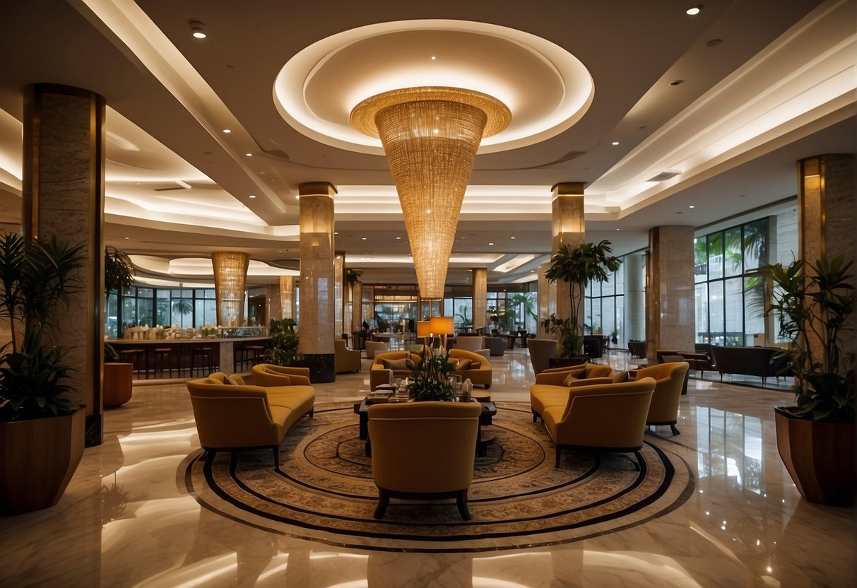 A bustling hotel lobby in Penang, with vibrant promotional displays for Singapore packages. Customers inquire at the front desk
