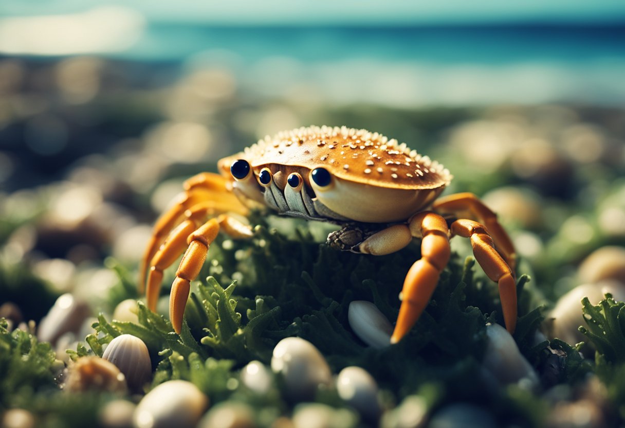 A crab and sea urchin sit on a bed of seaweed, surrounded by shells and ocean waves