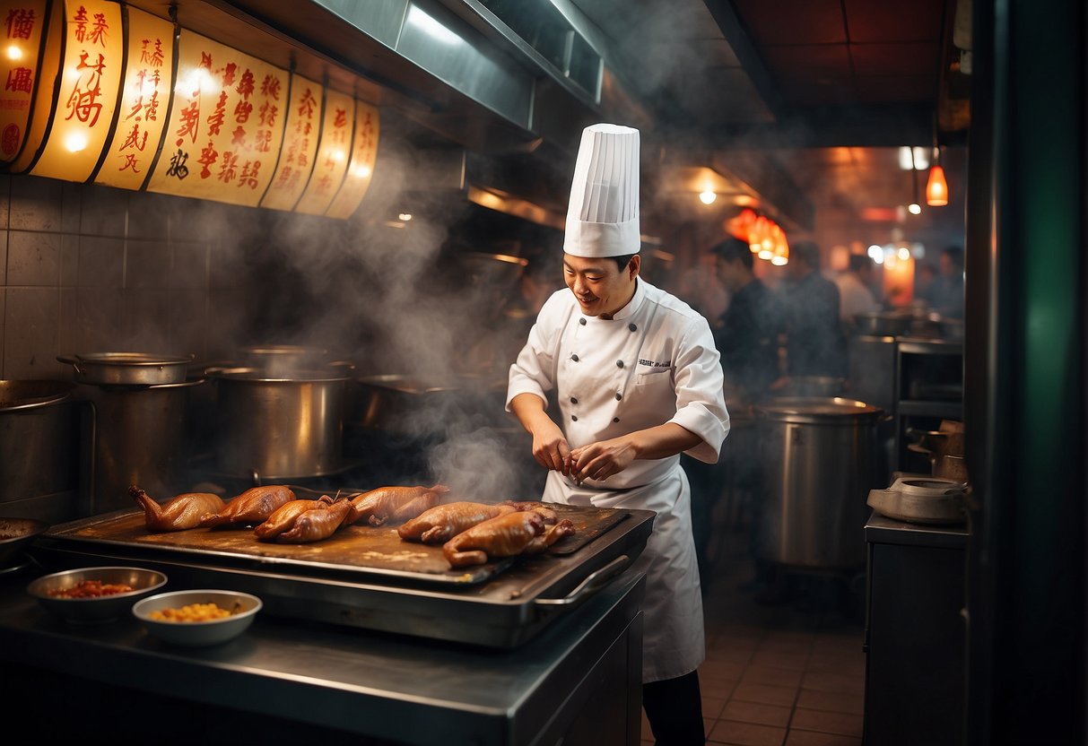 A chef roasting a whole Peking duck in a traditional Chinese oven, surrounded by promotional banners and signage in a bustling Singapore restaurant