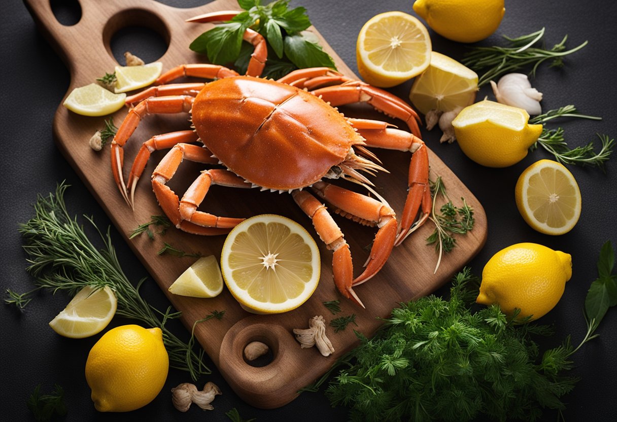 A wooden cutting board with fresh crab legs, sea urchins, lemons, and herbs. A sharp knife and a bowl for mixing ingredients