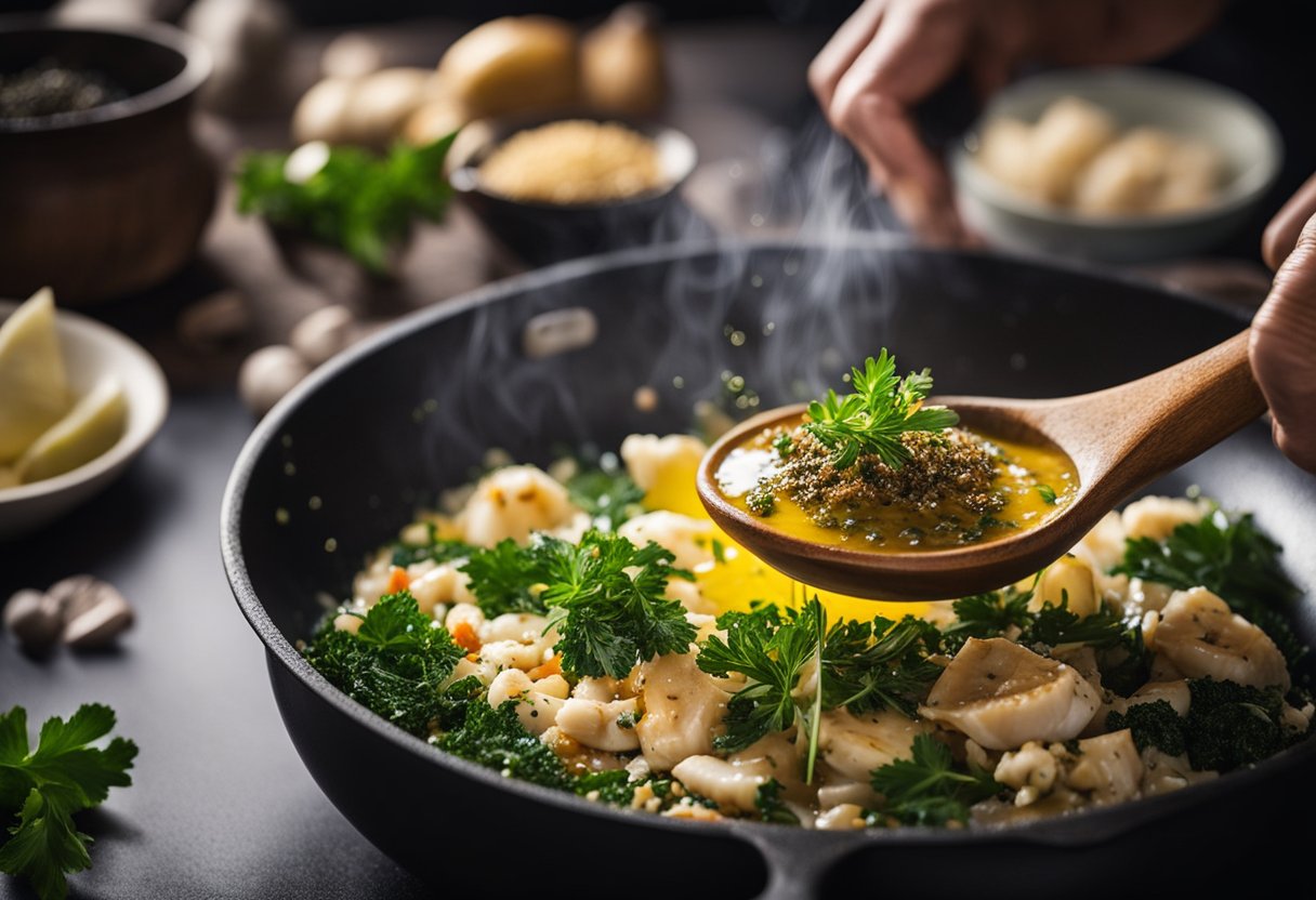 A chef pours olive oil into a hot pan, then adds chopped garlic and red pepper flakes. Next, they stir in crab meat and sea urchin, sautéing until fragrant. Finally, they sprinkle in fresh herbs and a squeeze